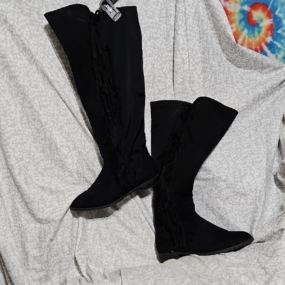 Lane Bryant Black Over the Knee Fringe Boots